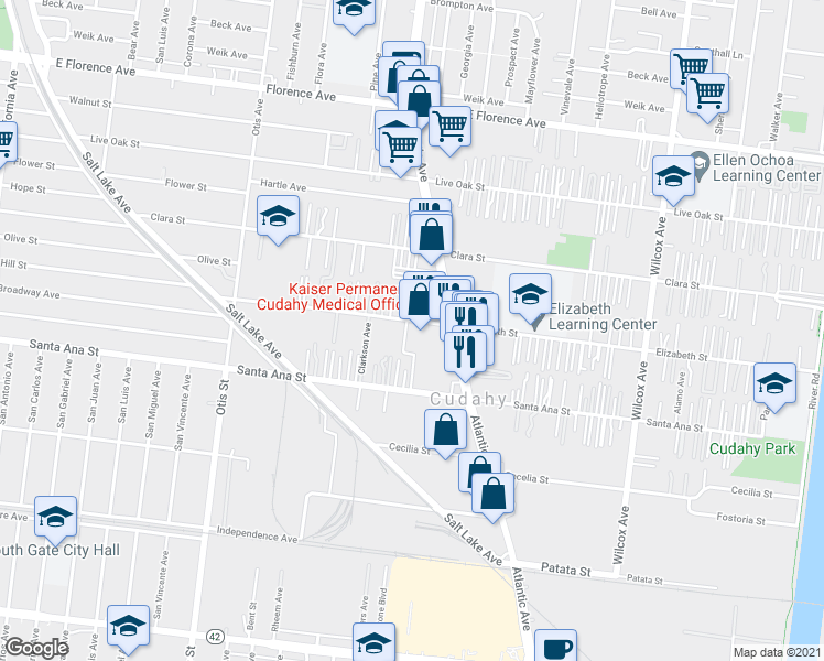 map of restaurants, bars, coffee shops, grocery stores, and more near 4530 Elizabeth Street in Bell Gardens