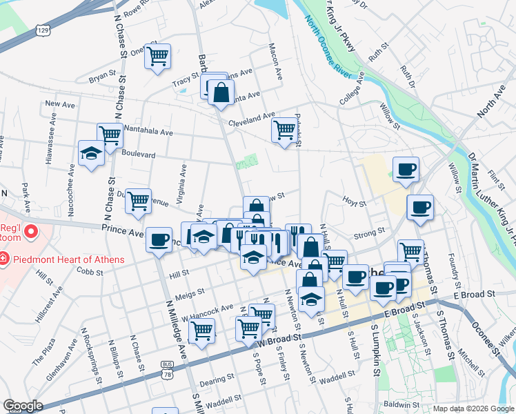map of restaurants, bars, coffee shops, grocery stores, and more near 263 Barrow Street in Athens