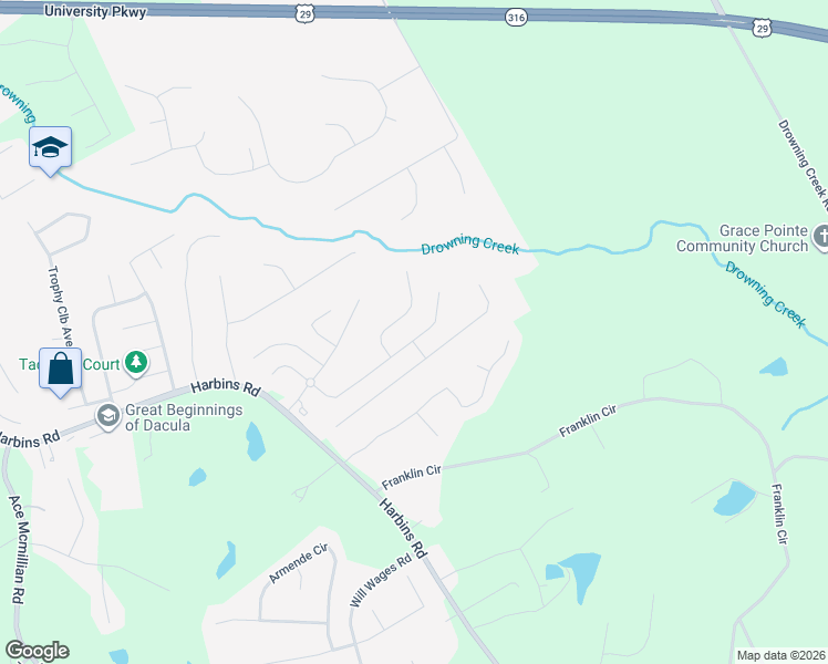 map of restaurants, bars, coffee shops, grocery stores, and more near 1626 Rolling View Way Southeast in Dacula