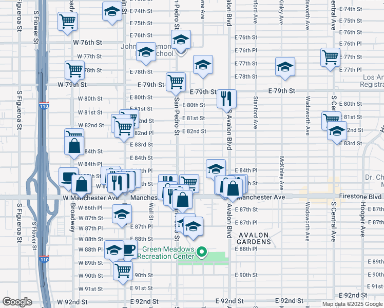 map of restaurants, bars, coffee shops, grocery stores, and more near 333 East 84th Street in Los Angeles