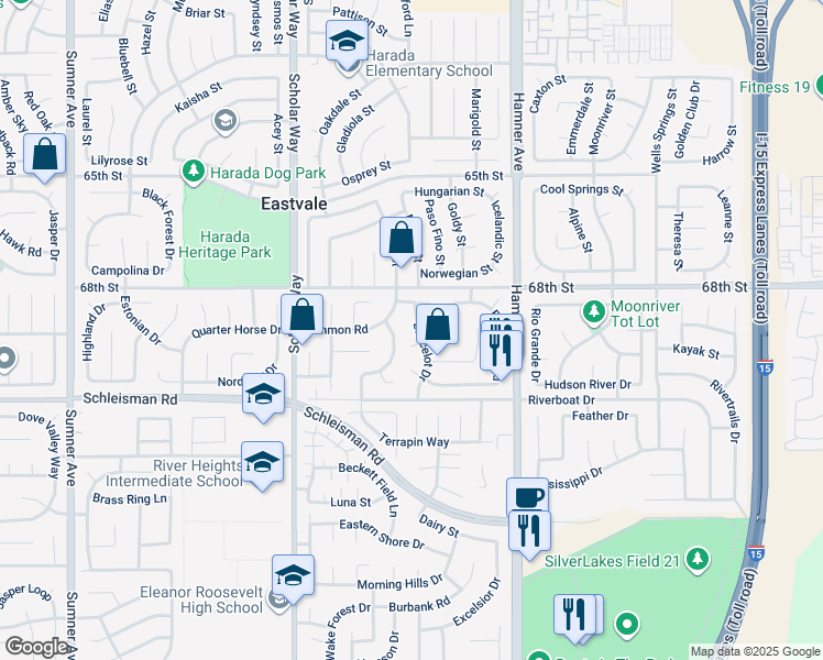 map of restaurants, bars, coffee shops, grocery stores, and more near 6893 Lancelot Drive in Corona