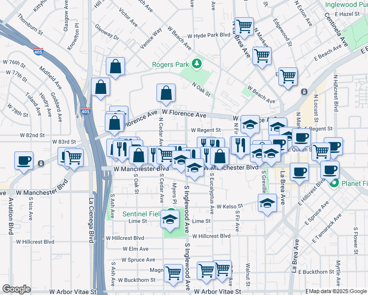 map of restaurants, bars, coffee shops, grocery stores, and more near 401 West Queen Street in Inglewood