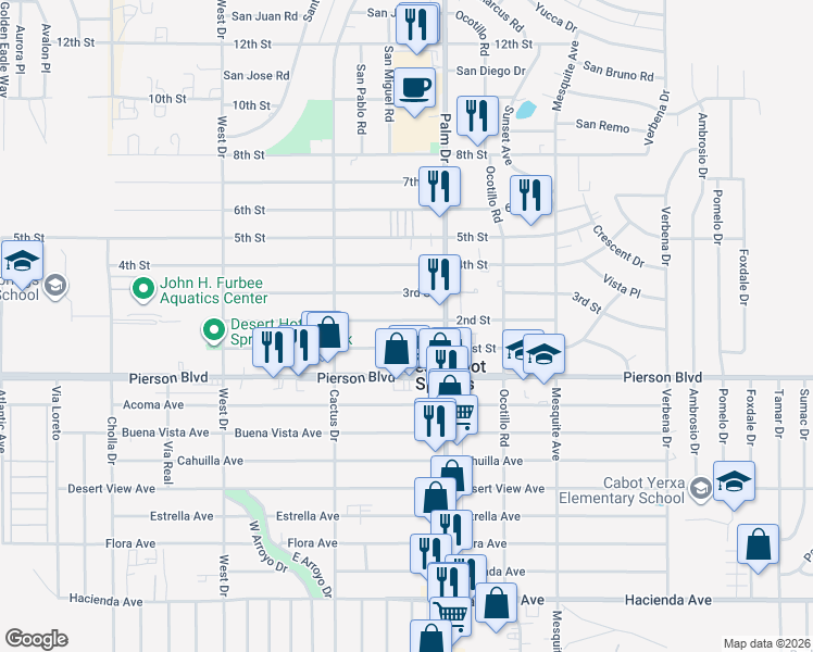 map of restaurants, bars, coffee shops, grocery stores, and more near 66375 2nd Street in Desert Hot Springs