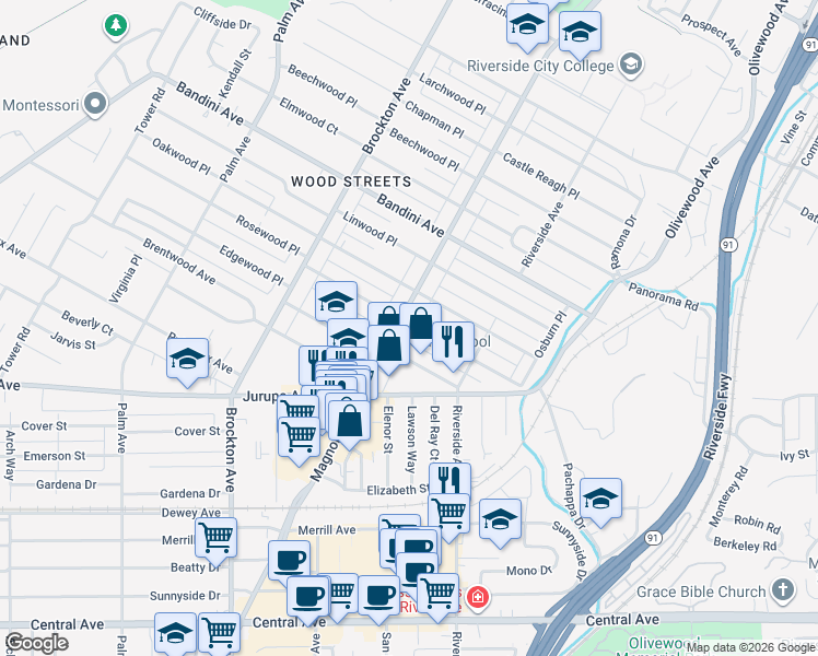 map of restaurants, bars, coffee shops, grocery stores, and more near 5726 Magnolia Avenue in Riverside
