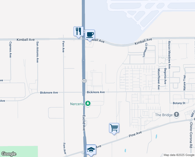 map of restaurants, bars, coffee shops, grocery stores, and more near 15961 Euclid Avenue in Chino