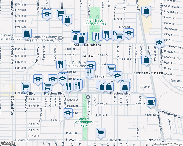 map of restaurants, bars, coffee shops, grocery stores, and more near 8250 Beach Street in Los Angeles