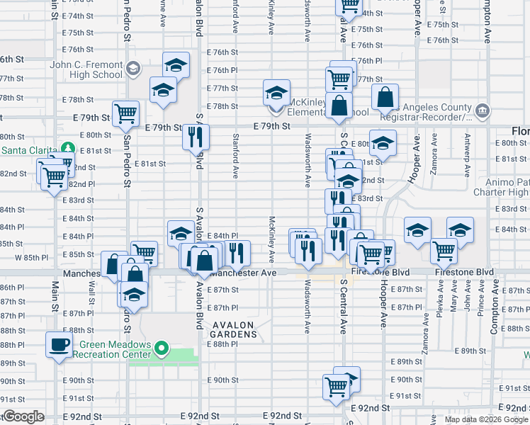 map of restaurants, bars, coffee shops, grocery stores, and more near 745 East 84th Street in Los Angeles