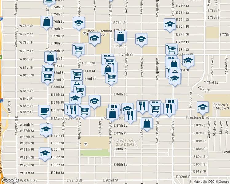 map of restaurants, bars, coffee shops, grocery stores, and more near 615 East 84th Street in Los Angeles