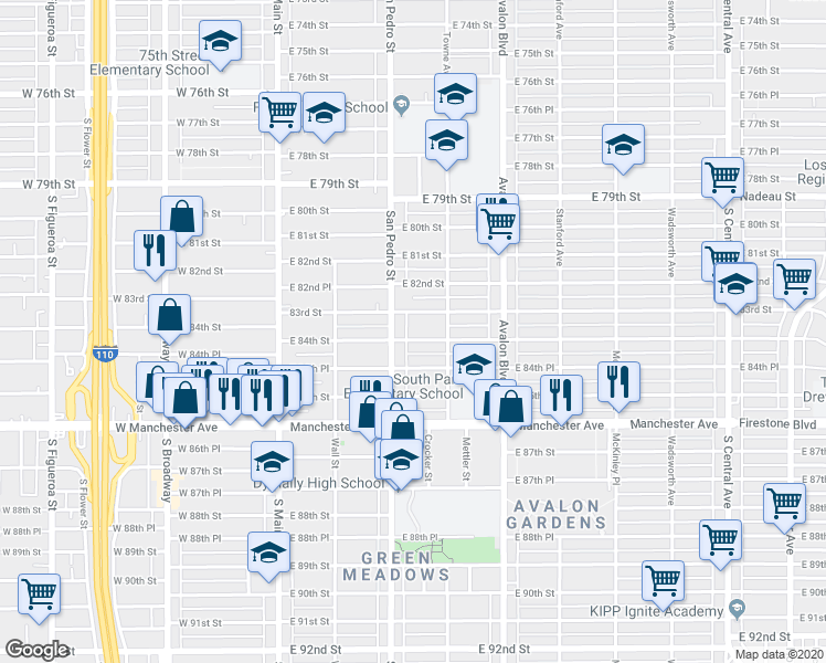 map of restaurants, bars, coffee shops, grocery stores, and more near 315 East 84th Street in Los Angeles