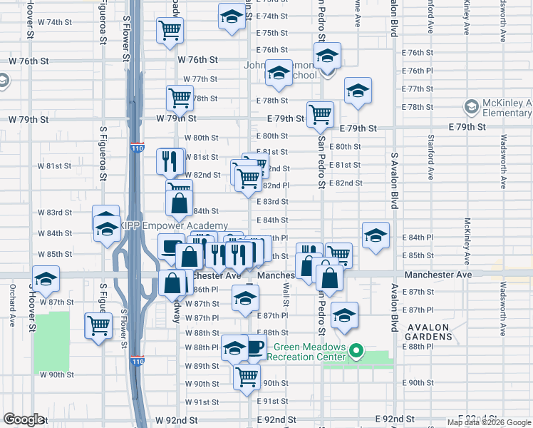 map of restaurants, bars, coffee shops, grocery stores, and more near 103 East 84th Street in Los Angeles