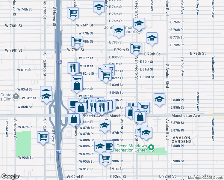 map of restaurants, bars, coffee shops, grocery stores, and more near 103 East 84th Street in Los Angeles