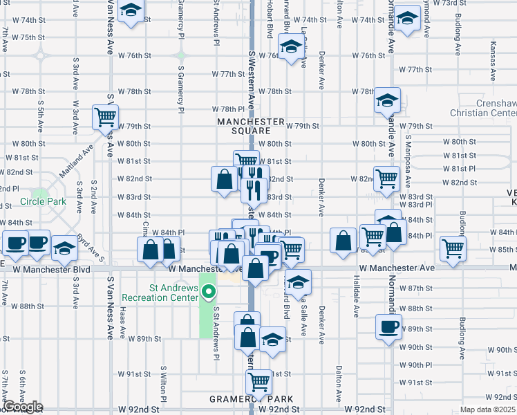 map of restaurants, bars, coffee shops, grocery stores, and more near 1733 West 84th Street in Los Angeles