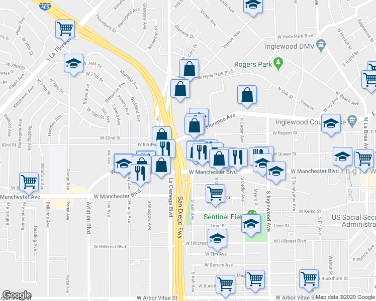 map of restaurants, bars, coffee shops, grocery stores, and more near 641 West Queen Street in Inglewood
