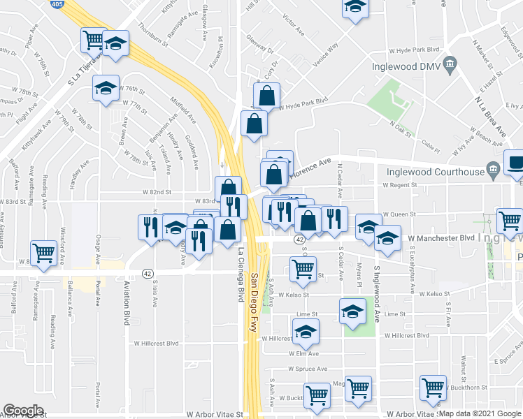map of restaurants, bars, coffee shops, grocery stores, and more near 711 West Queen Street in Inglewood