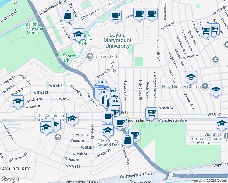 map of restaurants, bars, coffee shops, grocery stores, and more near 8309 Fordham Road in Los Angeles