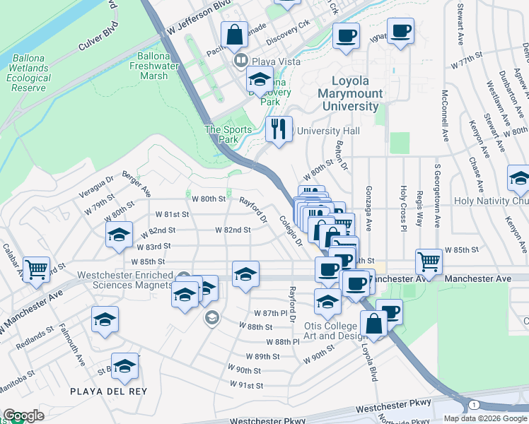 map of restaurants, bars, coffee shops, grocery stores, and more near 8115 Colegio Drive in Los Angeles