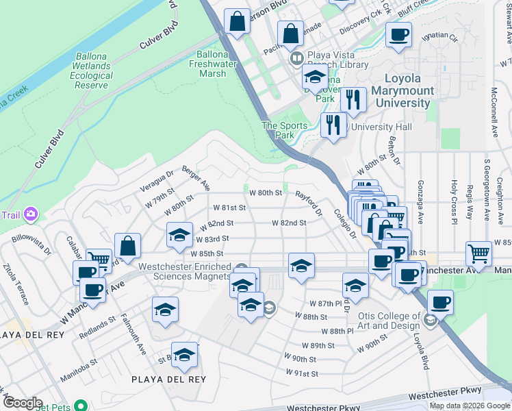 map of restaurants, bars, coffee shops, grocery stores, and more near 7445 West 81st Street in Los Angeles