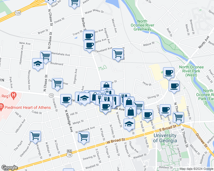 map of restaurants, bars, coffee shops, grocery stores, and more near 185 Childs Street in Athens
