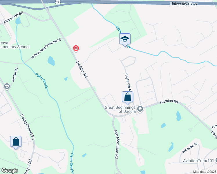 map of restaurants, bars, coffee shops, grocery stores, and more near 1152 Harbins Road in Dacula