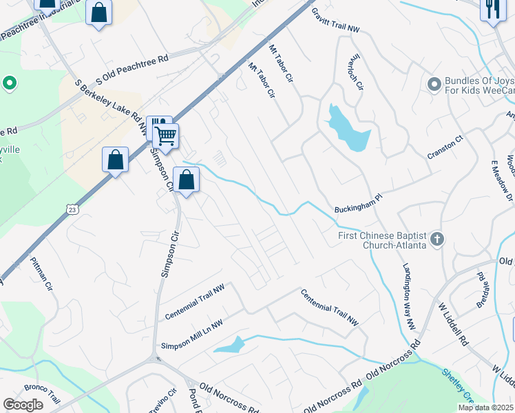 map of restaurants, bars, coffee shops, grocery stores, and more near 2264 Shetley Creek Drive in Norcross
