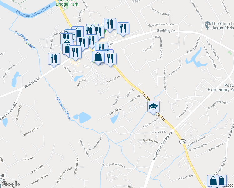 map of restaurants, bars, coffee shops, grocery stores, and more near 6399 Baker Court in Norcross
