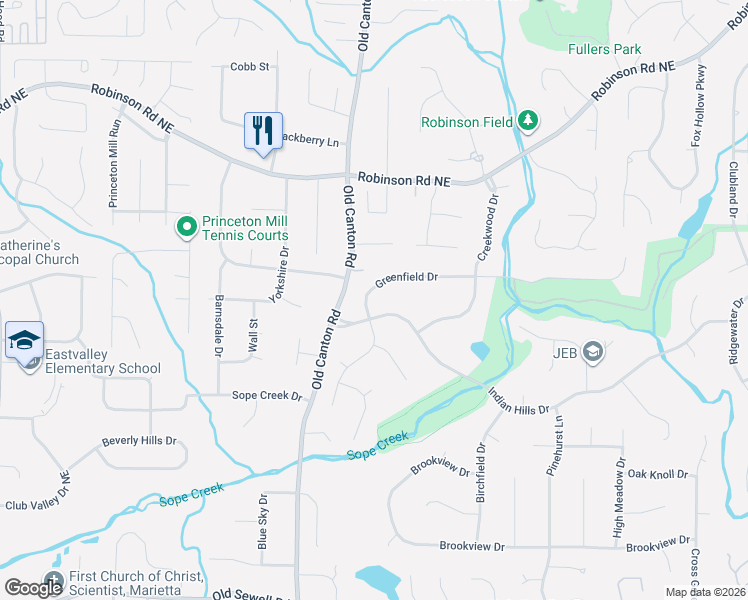 map of restaurants, bars, coffee shops, grocery stores, and more near 3105 Greenfield Drive in Marietta