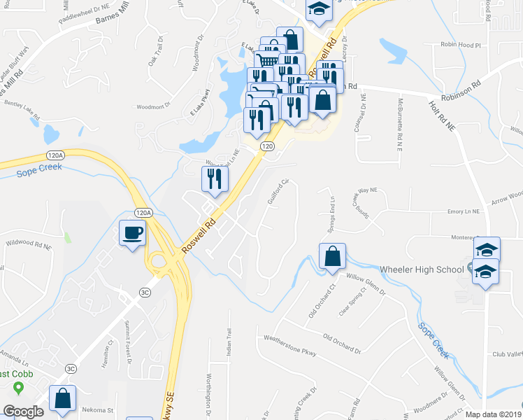 map of restaurants, bars, coffee shops, grocery stores, and more near 461 Guilford Circle in Marietta