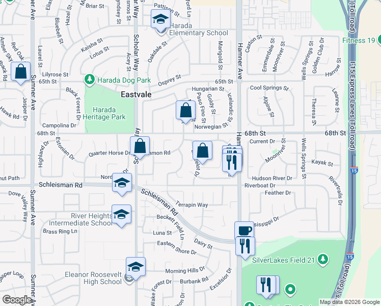 map of restaurants, bars, coffee shops, grocery stores, and more near 6893 Lancelot Drive in Corona