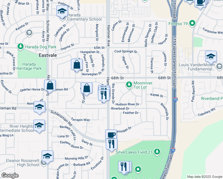 map of restaurants, bars, coffee shops, grocery stores, and more near 6861 Rio Grande Drive in Eastvale