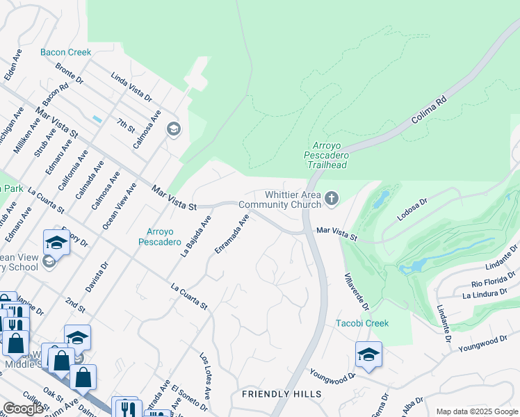 map of restaurants, bars, coffee shops, grocery stores, and more near 8126 Enramada Avenue in Whittier