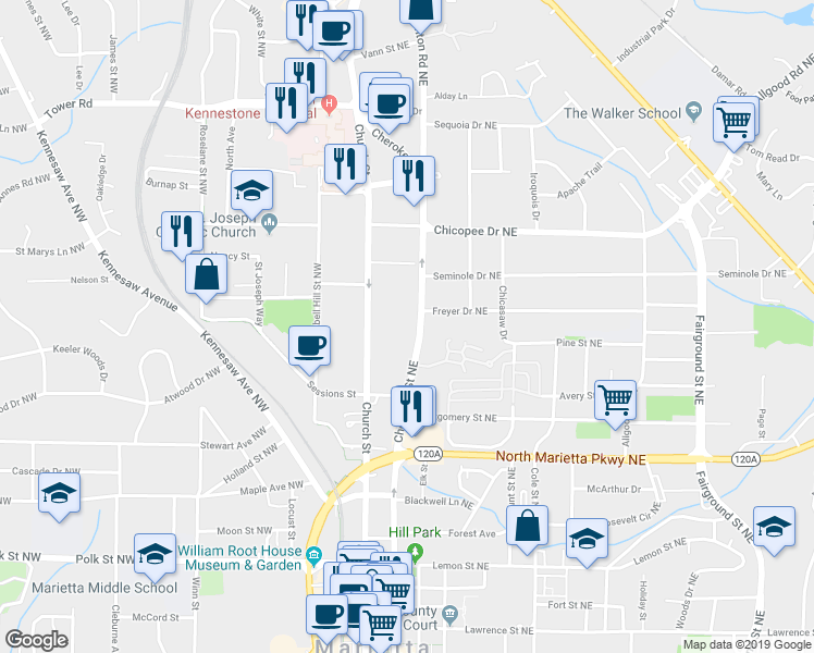 map of restaurants, bars, coffee shops, grocery stores, and more near 473 Cherokee Street Northeast in Marietta