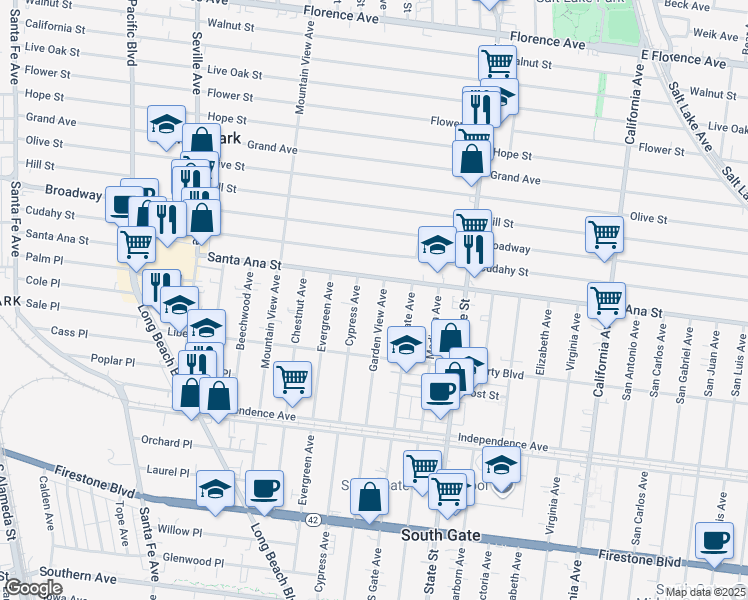 map of restaurants, bars, coffee shops, grocery stores, and more near 8125 Garden View Avenue in South Gate