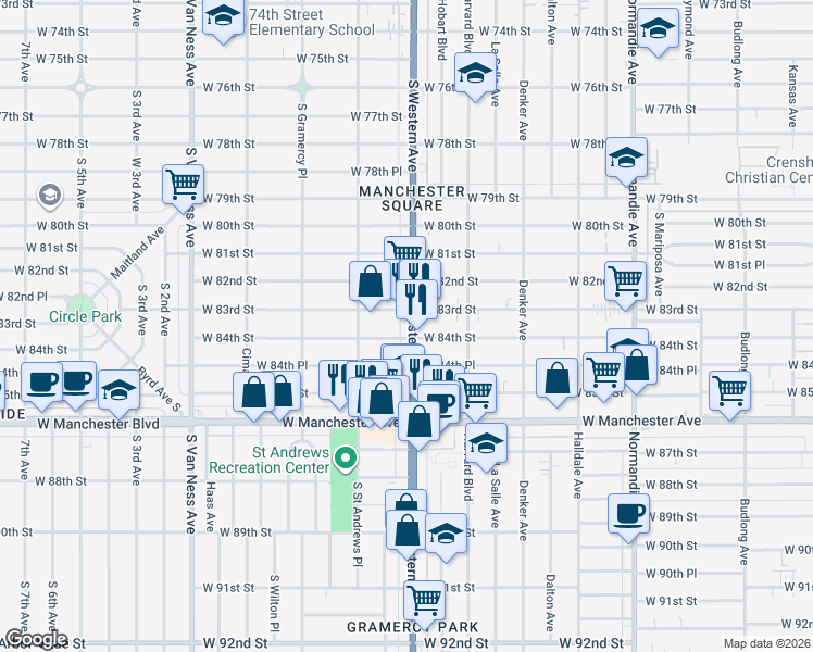 map of restaurants, bars, coffee shops, grocery stores, and more near 1815 West 84th Street in Los Angeles