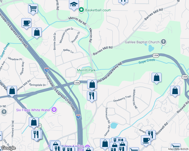 map of restaurants, bars, coffee shops, grocery stores, and more near 1279 Andrews Drive in Marietta