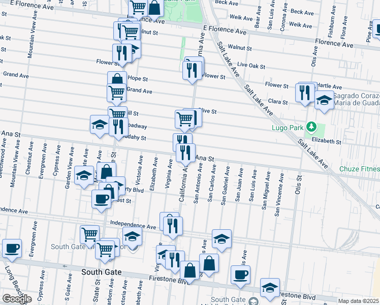 map of restaurants, bars, coffee shops, grocery stores, and more near 3505 Santa Ana Street in Huntington Park