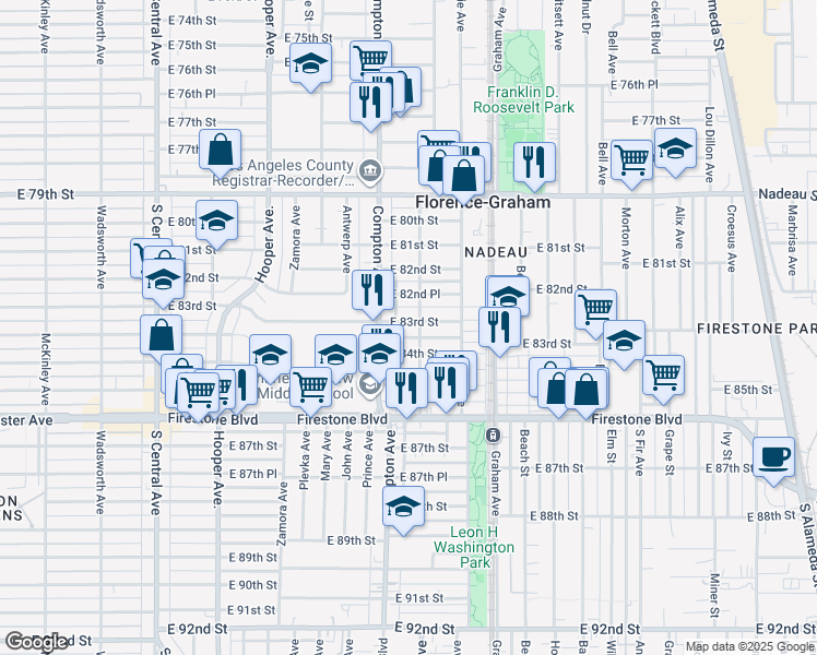 map of restaurants, bars, coffee shops, grocery stores, and more near 1534 East 83rd Street in Los Angeles