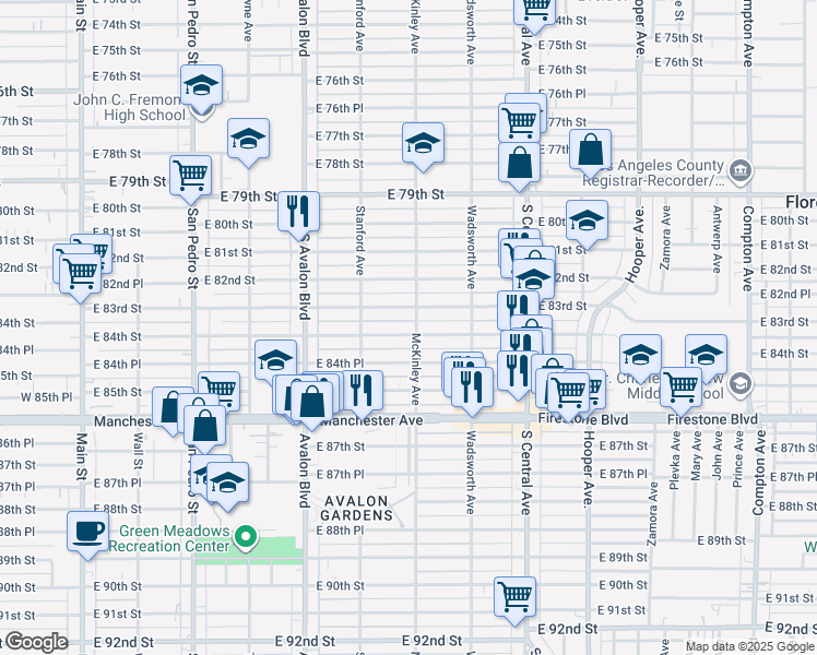 map of restaurants, bars, coffee shops, grocery stores, and more near 755 East 84th Street in Los Angeles