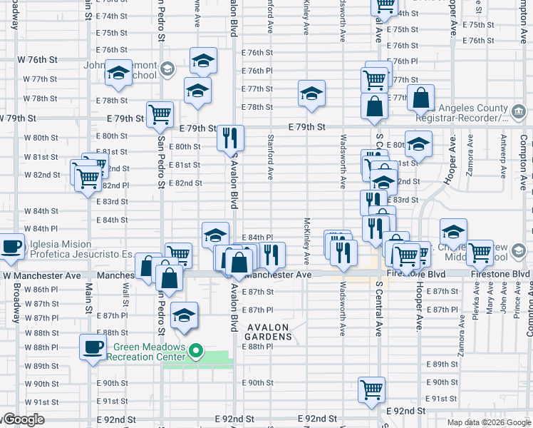 map of restaurants, bars, coffee shops, grocery stores, and more near 653 East 84th Street in Los Angeles