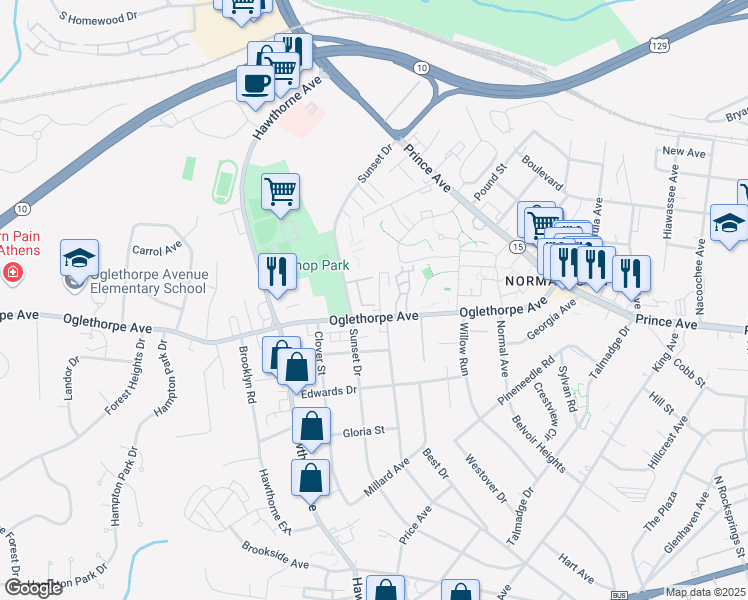 map of restaurants, bars, coffee shops, grocery stores, and more near 354 Oaktree Square in Athens