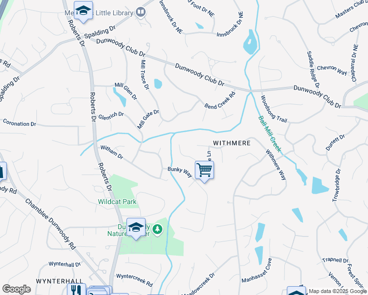 map of restaurants, bars, coffee shops, grocery stores, and more near 5548 Martina Way in Dunwoody