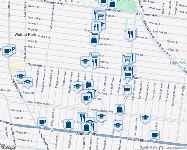 map of restaurants, bars, coffee shops, grocery stores, and more near 3250 Santa Ana Street in South Gate