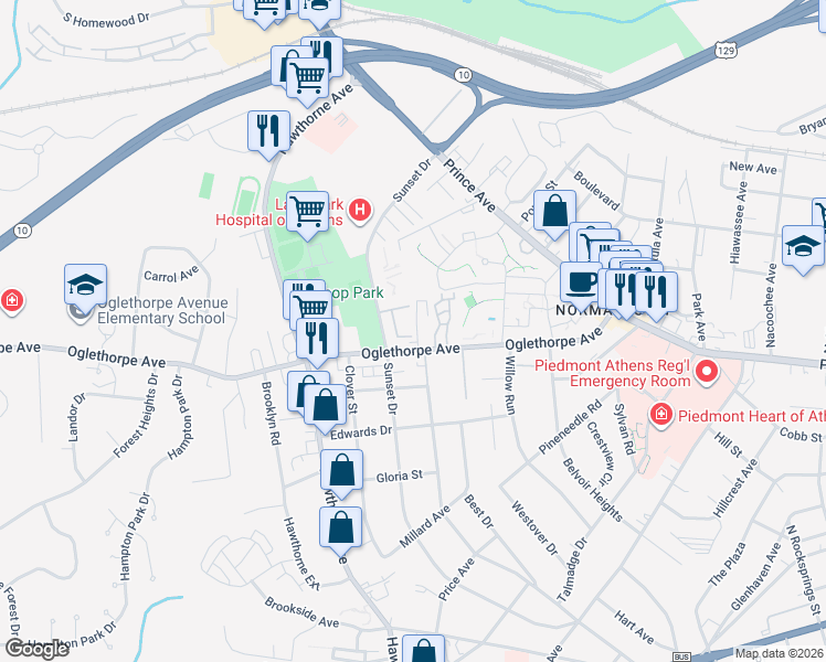 map of restaurants, bars, coffee shops, grocery stores, and more near 354 Oaktree Square in Athens