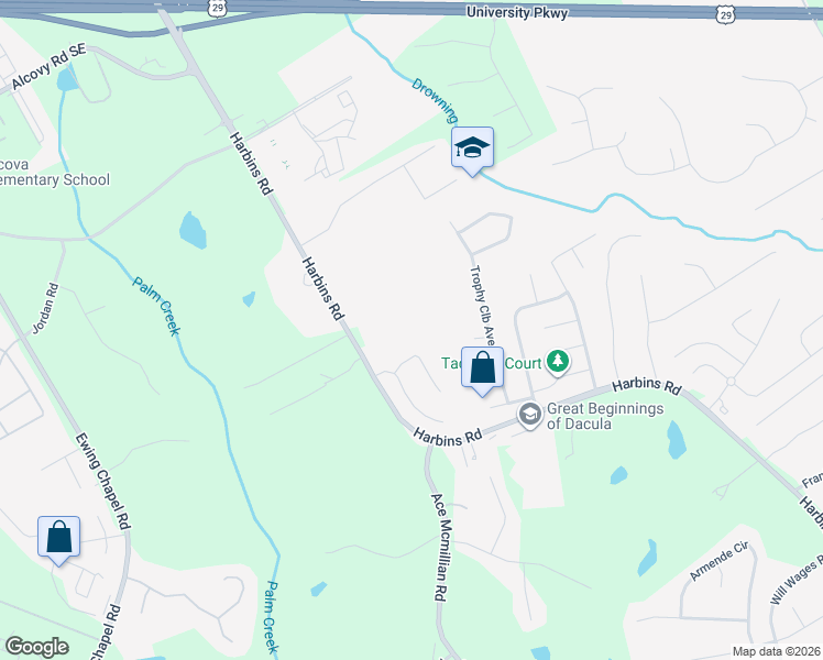 map of restaurants, bars, coffee shops, grocery stores, and more near 1152 Harbins Road in Dacula