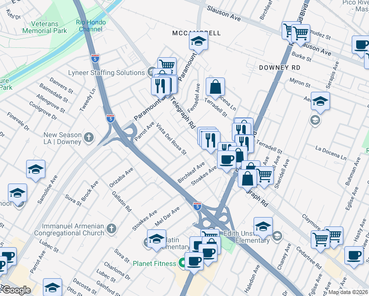 map of restaurants, bars, coffee shops, grocery stores, and more near 8335 Vista Del Rosa Street in Downey