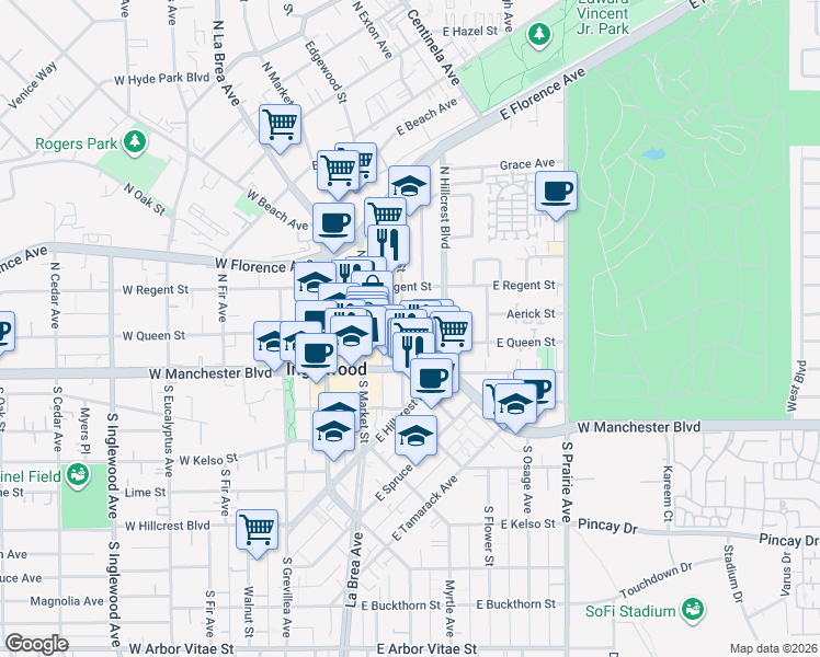 map of restaurants, bars, coffee shops, grocery stores, and more near 1 North Locust Street in Inglewood
