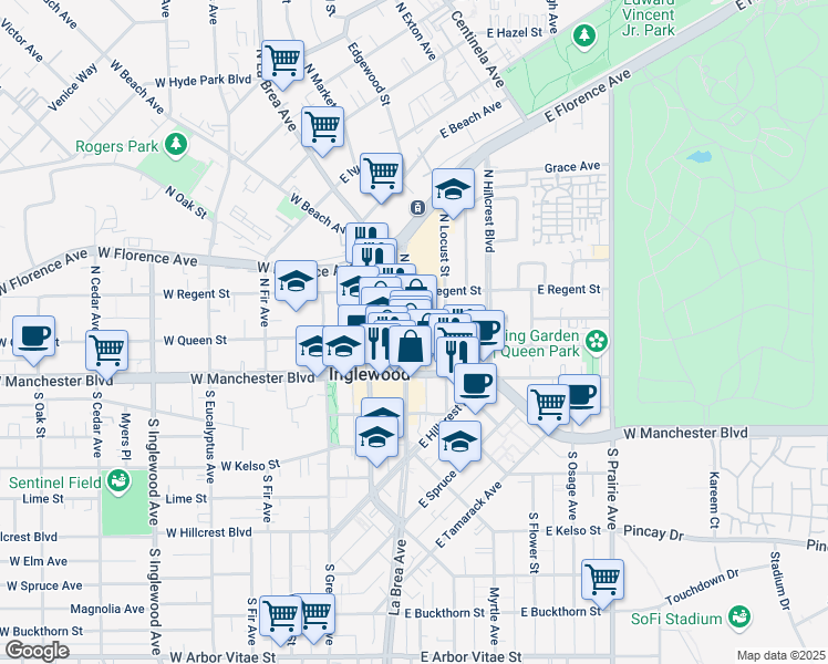 map of restaurants, bars, coffee shops, grocery stores, and more near 304 East Queen Street in Inglewood