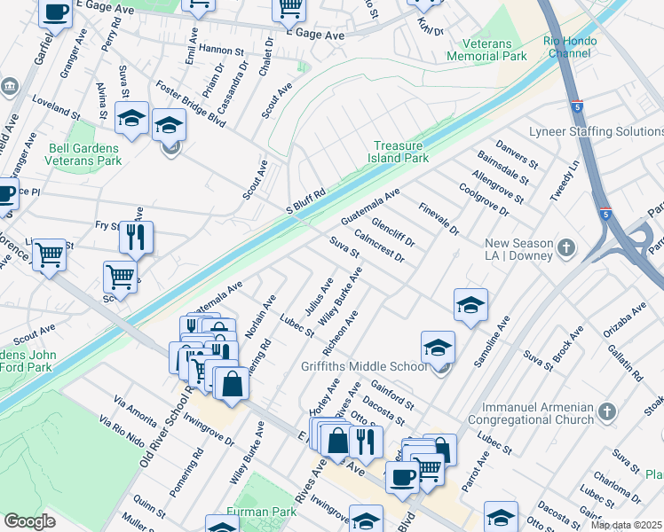 map of restaurants, bars, coffee shops, grocery stores, and more near 9603 Julius Avenue in Downey