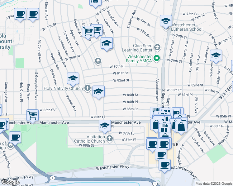 map of restaurants, bars, coffee shops, grocery stores, and more near 6527 W 84th St in Los Angeles