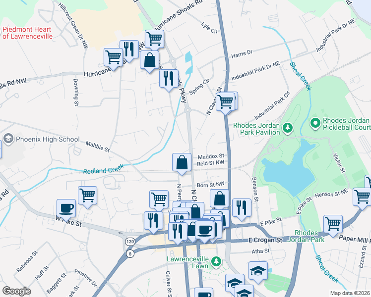 map of restaurants, bars, coffee shops, grocery stores, and more near 102 Northdale Road in Lawrenceville