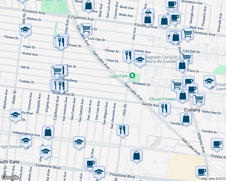 map of restaurants, bars, coffee shops, grocery stores, and more near 4067 Cudahy St in Huntington Park